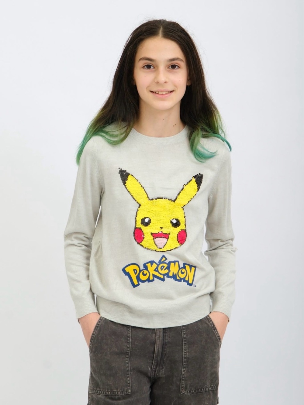 Pokemon Light Gray Crewneck Sweater with Pikachu Graphic